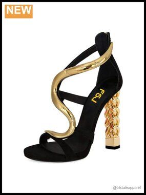 Women Gold Chain Heel Open Toe Ankle Strap Sandals Faux Leather 4.6" Heel